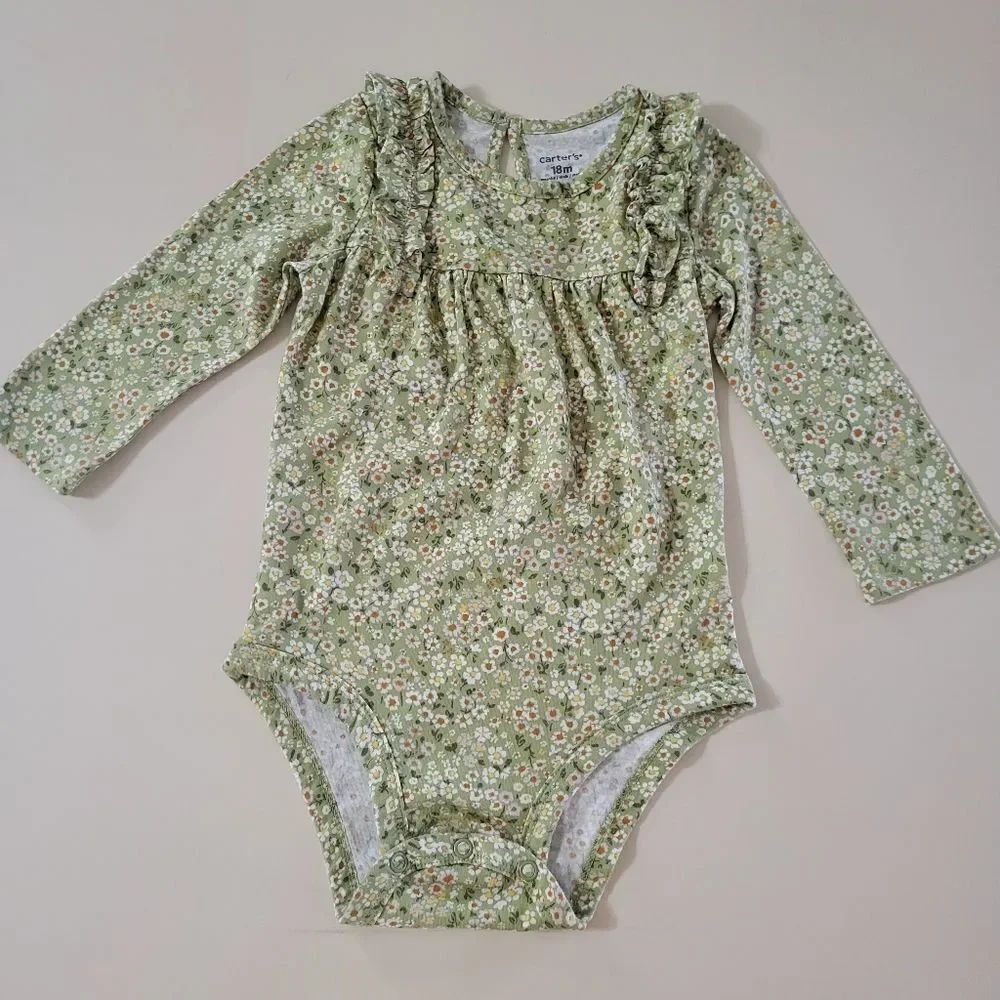 Carter's Green Floral Long Sleeve Ruffled Onesie Baby Outfit